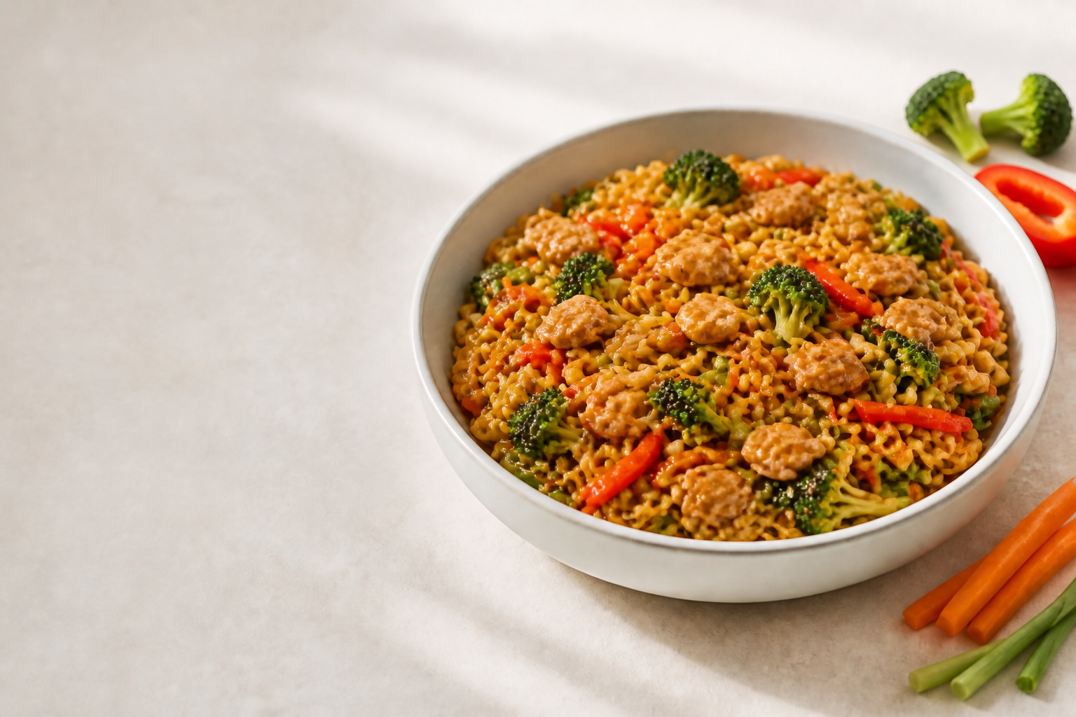 Пример массового блюда с лапшой, соусом, овощами и небольшими мясными компонентами